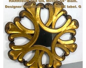 Lot 2110 Large Vintage Gilt Carved HARRISON and GIL Mirror. 54 diam. Designer Wall Mirror. DAUPHINE label. G