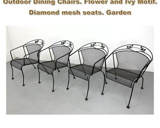 Lot 2121 Set 4 Black Iron Barrel Back Outdoor Dining Chairs. Flower and Ivy Motif. Diamond mesh seats. Garden