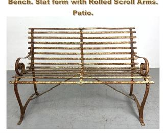 Lot 2129 Vintage Iron Garden Outdoor Bench. Slat form with Rolled Scroll Arms. Patio.