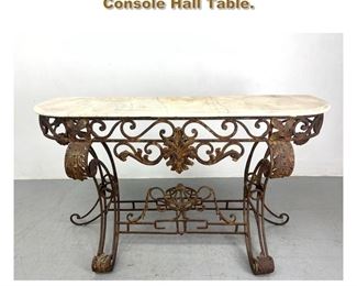 Lot 2133 Marble Top Fancy Forged Iron Base Console Hall Table.