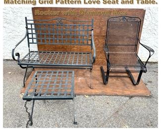 Lot 2159 3pc Iron Outdoor Patio Furniture. Matching Grid Pattern Love Seat and Table. Rocker with Diamond Mes