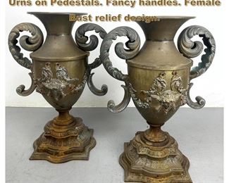 Lot 2169 Pr Vintage Brass and Iron Metal Urns on Pedestals. Fancy handles. Female Bust relief design. 