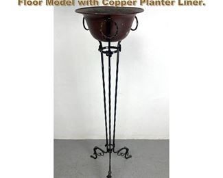Lot 2184 Black Wrought Iron Plant Stand. Floor Model with Copper Planter Liner. 