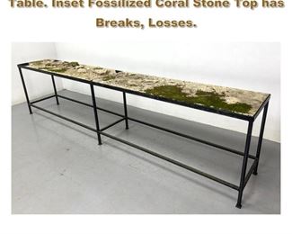 Lot 2193 11 Long Iron Outdoor Garden Table. Inset Fossilized Coral Stone Top has Breaks, Losses.