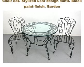 Lot 2201 3pc Iron Outdoor Patio Cafe Table Chair Set. Stylized Leaf design motif. Black paint finish. Garden 