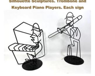 Lot 2203 2pc DeBUSK Black Iron Musician Silhouette Sculptures. Trombone and Keyboard Piano Players. Each sign
