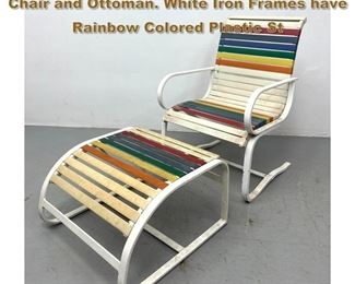 Lot 2223 Samsonite style Outdoor Lounge Chair and Ottoman. White Iron Frames have Rainbow Colored Plastic St