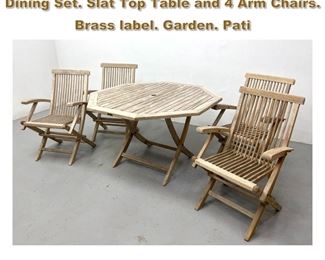 Lot 2226 5pc ANDREW Teak Outdoor Patio Dining Set. Slat Top Table and 4 Arm Chairs. Brass label. Garden. Pati
