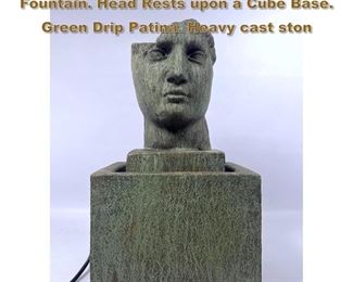 Lot 2228 Ruined Portrait Bust Water Fountain. Head Rests upon a Cube Base. Green Drip Patina. Heavy cast ston