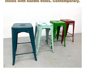 Lot 2237 Set 4 stackable metal colorful stools with handle holes. Contemporary. 