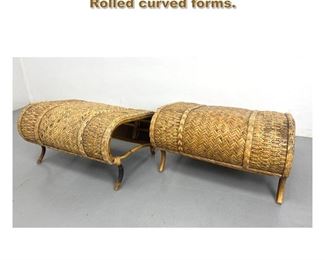 Lot 2256 Pr Woven Split Rattan Foot Stools. Rolled curved forms. 
