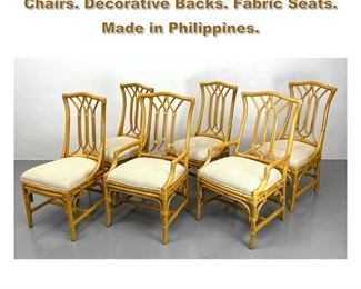 Lot 2259 Set 6 Bamboo Rattan Side Dining Chairs. Decorative Backs. Fabric Seats. Made in Philippines. 
