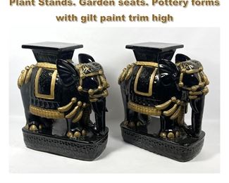 Lot 2260 Pr Black Glazed Figural Elephant Plant Stands. Garden seats. Pottery forms with gilt paint trim high