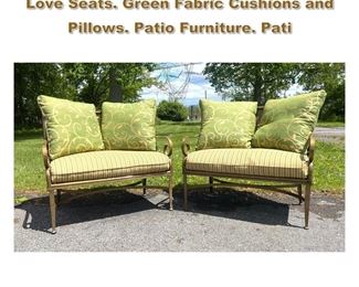 Lot 2263 Pair of Settees. Outdoor Garden Love Seats. Green Fabric Cushions and Pillows. Patio Furniture. Pati