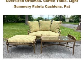 Lot 2266 3p Metal Patio Furniture. Sofa, Oversized Ottoman. Coffee Table. Light Summery Fabric Cushions. Pat