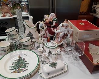 Spode Christmas tree dishes and Fitz and Floyd Santa cookie jars.