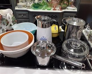 Vintage Corningware perculator coffee pot, vintage Pyrex and nice pots and pans.