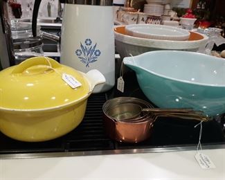 Vintage Descoware, Pyrex, and copper measuring cups.
