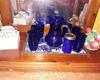 Cobalt blue glassware and Delft tile serving tray.