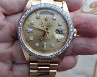 1979 Rolex President Model 1807 with oyster Perpetual Day movement, 18k watch and bracelet, original box, and aftermarket diamonds and crystal added in 2003.