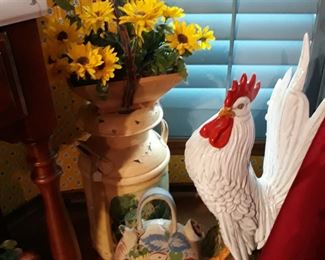 Very large and heavy rooster, painted milk can, and more.