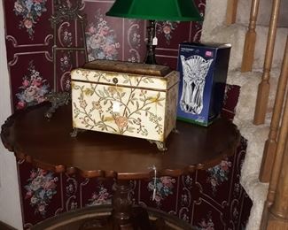 Sutton Collection Century Reproductions scalloped tilting table, painted wood box, vintage glass lamp, and more.