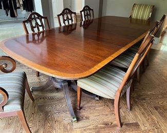 Custom built antique Baker dining table and (8) Kindel chairs (includes 4 leaves, pads and original receipt, drawing and shipping box for leaves) 48" x 68" (without leaves)         