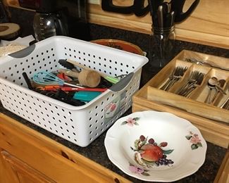 Flatware, coffee maker, kitchen utensils
