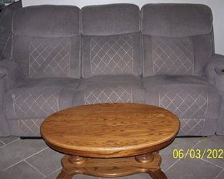 Reclining sofa, oak coffee table