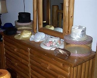 Amish custom built log cabin long dresser w/ mirror, vintage lady's hats