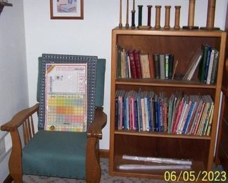 Morris reclining chair, book case, old spools