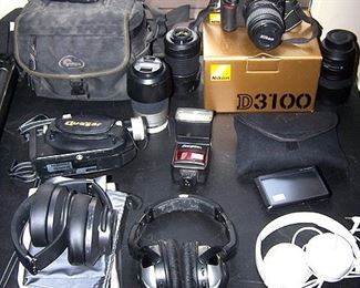 Minolta Maxxum 5 camera and lens, Nikon D3100 camera and lenses, headphones, etc...