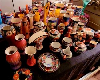 Loads of 1930's colorful Czech pottery, including a lot of Ruckl Urbach painted ware, and other designer pottery.