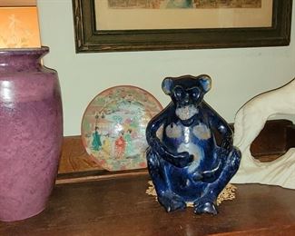 Large Fulper vase, Alfaraz hand made figural monkey, and hand carved vintage Rin Tin Tin statue