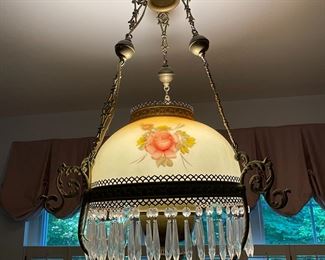 Gorgeous antique Victorian gas light chandelier with drop crystals and hand-painted dome.