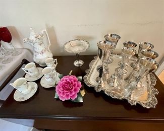 Silver-plated goblets and butler's tray.