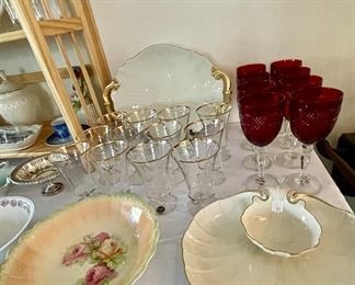 Ruby glass goblets, Tiffin Franciscan crystal stemware and Lenox serving pieces.