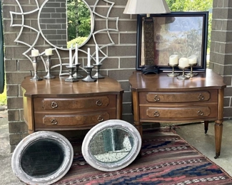 Handsome side tables, mirrors (many for sale), candle sticks (many for sale), lamps (many for sale), and a beautiful Persian rug