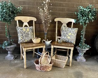 2 of 6 dining chairs (excellent condition), lovely pair of topiaries, pillows, and baskets galore
