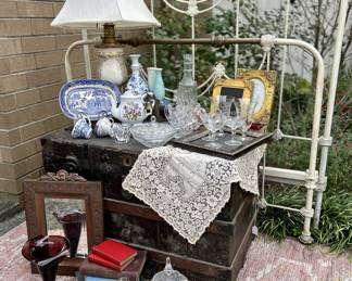 Very VINTAGE variety - books, frames, linens, glassware, teapots, vases, doilies, mirrors, and vanity accessories plus an old trunk, an iron bed (one of two), a lamp (one of many) - big inventory of vintage items!