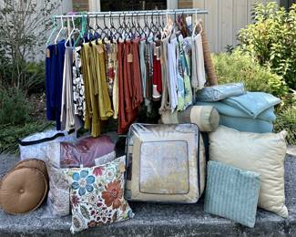 Lovely, large selection of pillows, bed linens, and table linens.  Many never used. 