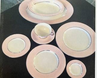 Beautiful Castleton C5 china  with  Pink Rim, Platinum Trim And Single Verge. Set includes: 12 dinner plates, 12 lunch/salad plates, 12 bread & butter plates, 12 cups & saucers, plus 2 oval vegetable bowls and one 15.5" oval platter.  Mint condition.