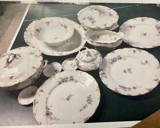 Gerald, Dufraisseix, & Abbot GDA 169, crafted in France, violet with gold trim.  Mixed set includes: 3 dinner plates, 3 butter pat dishes, 1 footed gravy boat, 1 sugar bowl with lid, 1 round vegetable bowl with lid, 1 oval vegetable bowl, and one large (16"x11") platter. 
`````````````````````````````````````````````````````````````````````````````````````````````````````````````````````````````````````````````````````````````````````````````````````````````````````````````````````````````````````