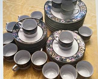 Amanda Rose by Muirfield china; Set includes: 11 dinner plates (dia 10.5"), 8 salad plates (dia 8.25"), 11 coup soup/cereal bowls (dia 7.25") , 17 flat cup/coffee mugs  (dia 3") 