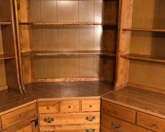 Center base has 3 drawers (23.5” W at front x 30” H x 18.5” D)
Center bookcase has 3 shelves (37” W at front x 30” H x 8.5” D)
