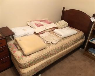 Lane Shaker twin beadboard w/ frame and mattress
3-shelf bookcase (28” W x 43.5” H x 11.5” D)
Sewing material including vintage hemmer, notions, sewing machine oil, buttons
Twin bedding