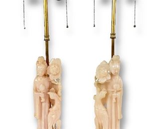 (2) Chinese Carved Pink Alabaster Figurine Lamps