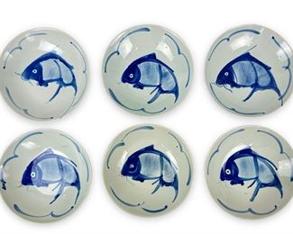 (6) Vintage Chinese Blue & White Koi Fish Bowls