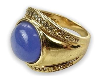 14K Gold Blue Cabochon & Diamond Ring
