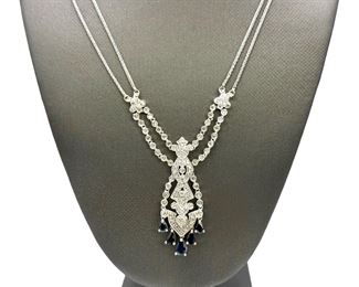14K White Gold Sapphire & Diamond Drop Necklace